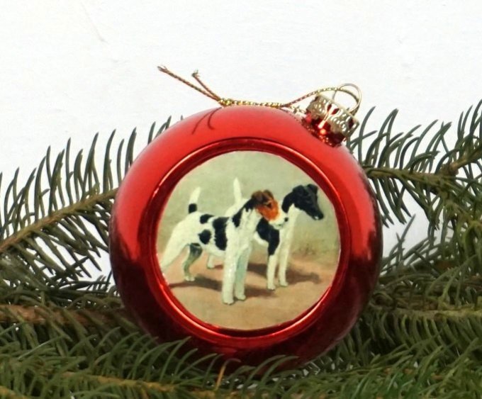 Boule de Noel  retro Fox terrier rouge 